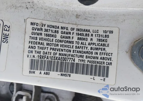 2010 Honda Civic Lx from USA, damaged, VIN 19XFA1E5XAE007774